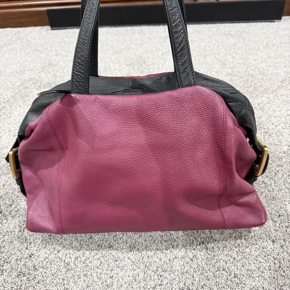 Artistic Designs By Sharif Purplish Maroon Black Leather Satchel Handbag Zip
